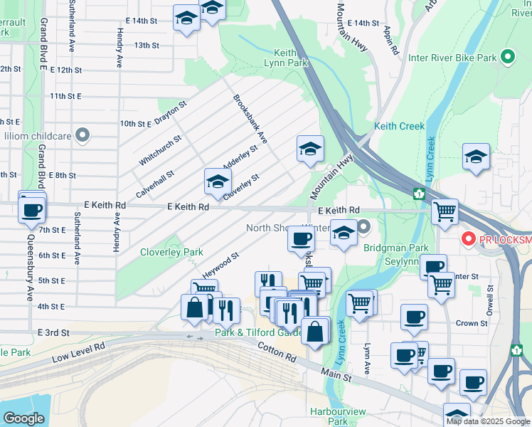map of restaurants, bars, coffee shops, grocery stores, and more near 1119 East Keith Road in North Vancouver