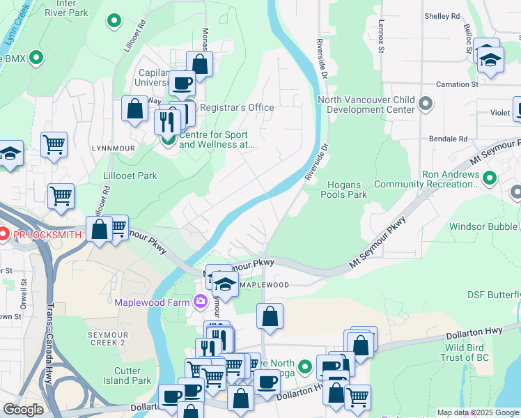 map of restaurants, bars, coffee shops, grocery stores, and more near 799 Grantham Place in North Vancouver