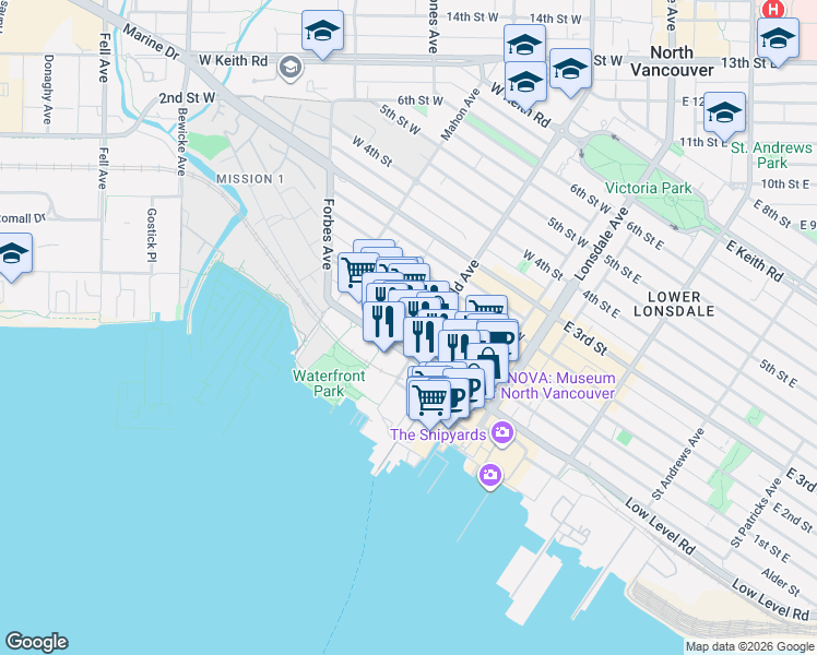 map of restaurants, bars, coffee shops, grocery stores, and more near in Vancouver
