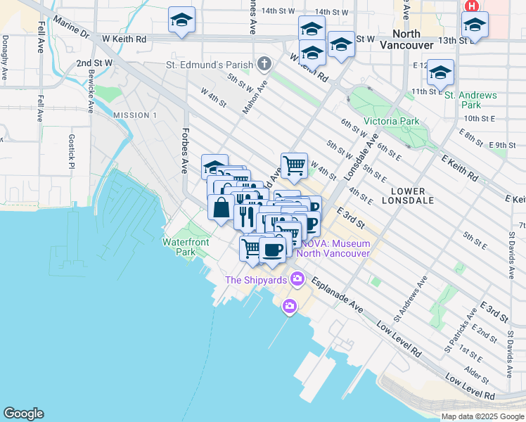 map of restaurants, bars, coffee shops, grocery stores, and more near 170 West 1st Street in North Vancouver