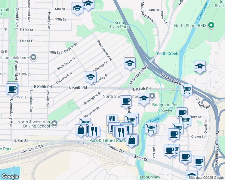 map of restaurants, bars, coffee shops, grocery stores, and more near 1123 East Keith Road in North Vancouver