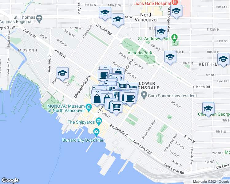 map of restaurants, bars, coffee shops, grocery stores, and more near 107 3rd Street East in North Vancouver