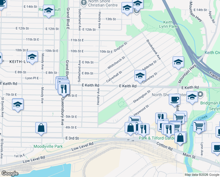 map of restaurants, bars, coffee shops, grocery stores, and more near 837 Keith Road East in North Vancouver
