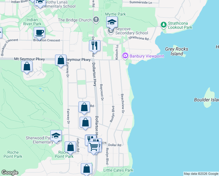 map of restaurants, bars, coffee shops, grocery stores, and more near 809 Roslyn Boulevard in North Vancouver
