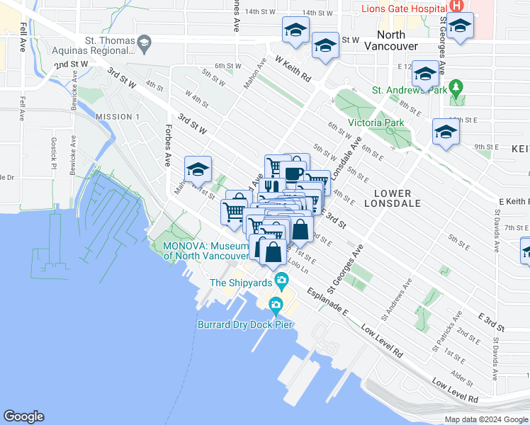 map of restaurants, bars, coffee shops, grocery stores, and more near 151 West 2nd Avenue in Vancouver