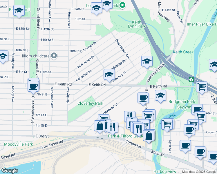 map of restaurants, bars, coffee shops, grocery stores, and more near 1007 Keith Road in North Vancouver