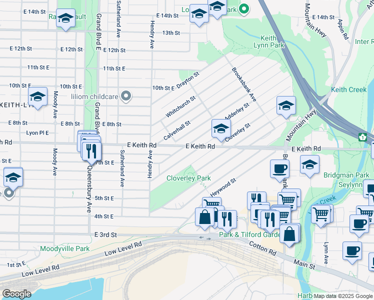 map of restaurants, bars, coffee shops, grocery stores, and more near 903 East Keith Road in North Vancouver