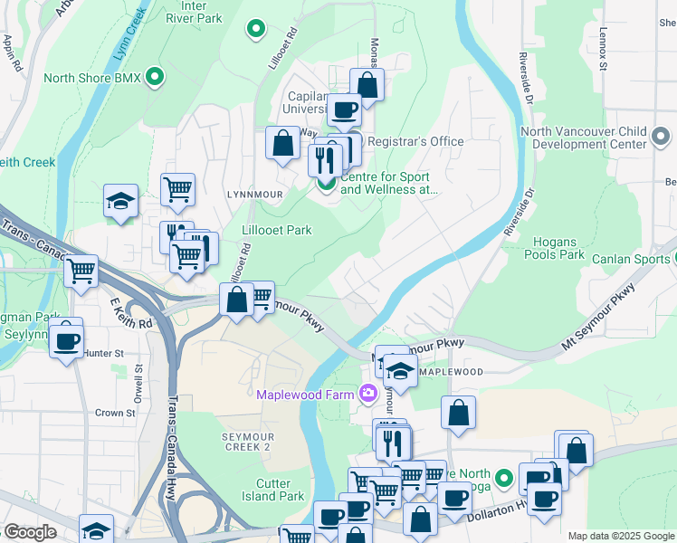 map of restaurants, bars, coffee shops, grocery stores, and more near 631 Seymour Court in North Vancouver