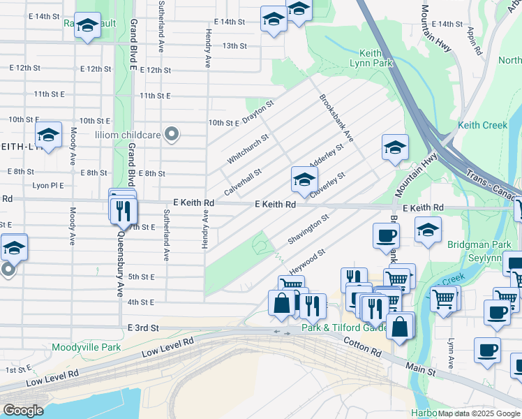 map of restaurants, bars, coffee shops, grocery stores, and more near 909 East Keith Road in North Vancouver