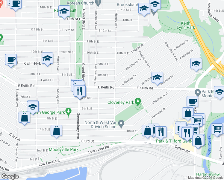 map of restaurants, bars, coffee shops, grocery stores, and more near 745 Keith Road East in North Vancouver