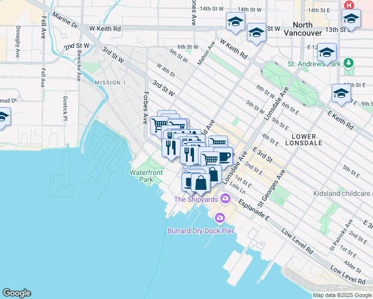 map of restaurants, bars, coffee shops, grocery stores, and more near 209 West 1st Street in North Vancouver