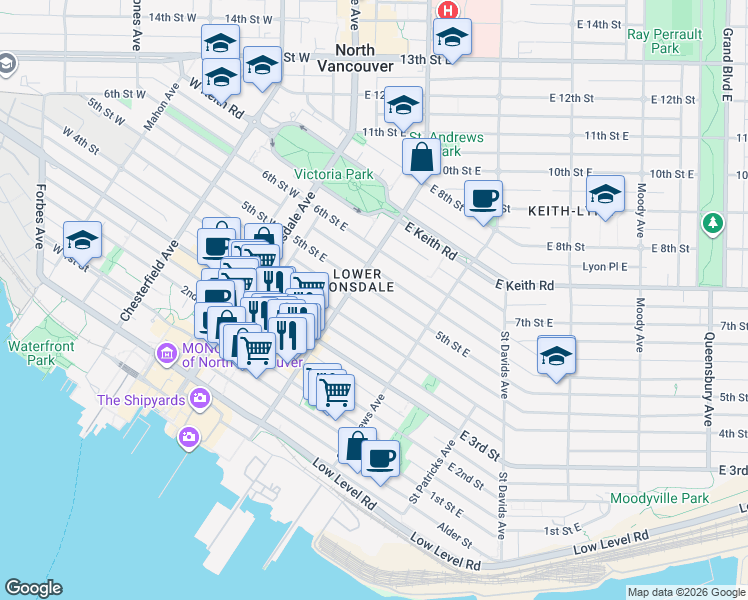 map of restaurants, bars, coffee shops, grocery stores, and more near 225 5th Street East in North Vancouver