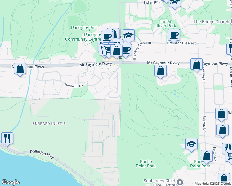 map of restaurants, bars, coffee shops, grocery stores, and more near 845 Roche Point Drive in North Vancouver