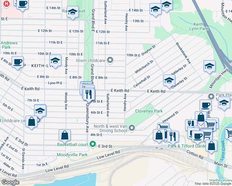 map of restaurants, bars, coffee shops, grocery stores, and more near 725 East Keith Road in North Vancouver