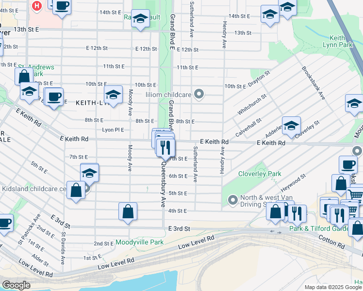 map of restaurants, bars, coffee shops, grocery stores, and more near 635 East Keith Road in North Vancouver