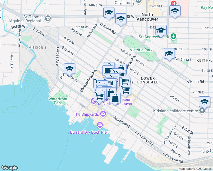 map of restaurants, bars, coffee shops, grocery stores, and more near 120 2nd Street West in North Vancouver