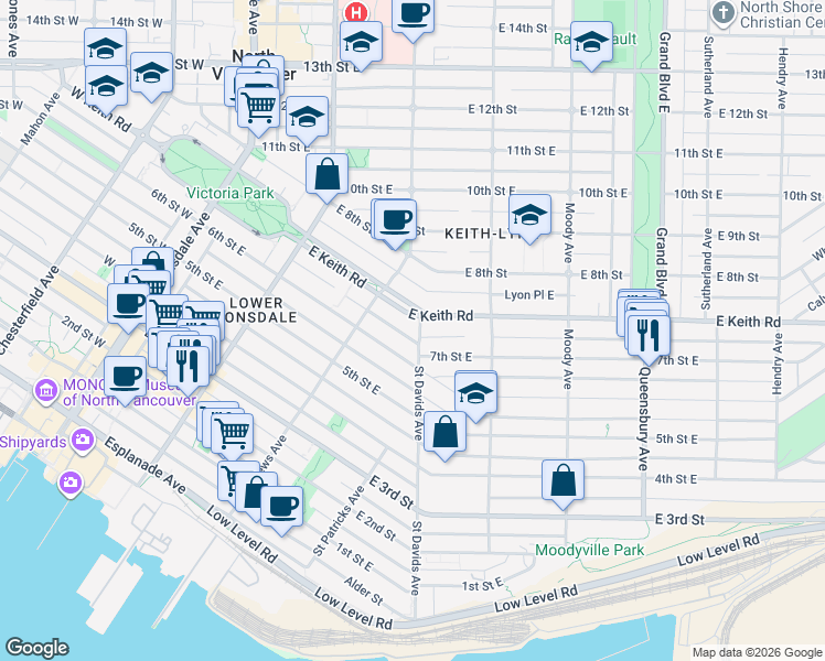 map of restaurants, bars, coffee shops, grocery stores, and more near 645 Saint Davids Avenue in North Vancouver
