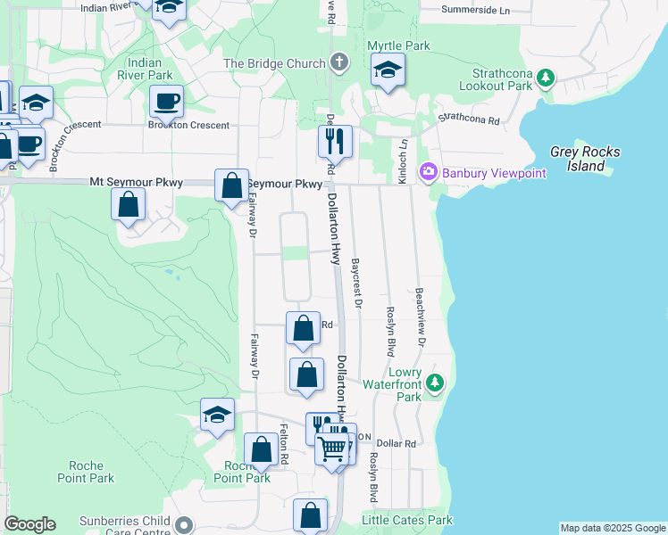 map of restaurants, bars, coffee shops, grocery stores, and more near North Dollarton Highway in Metro Vancouver