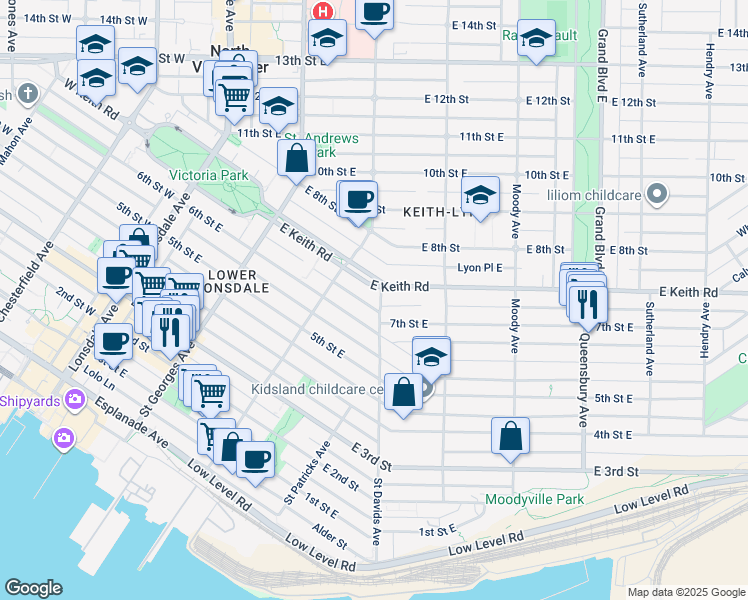 map of restaurants, bars, coffee shops, grocery stores, and more near 645 Saint Davids Avenue in North Vancouver