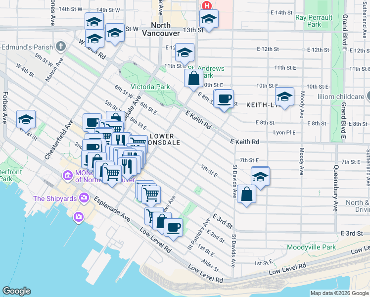 map of restaurants, bars, coffee shops, grocery stores, and more near 244 5th Street East in North Vancouver