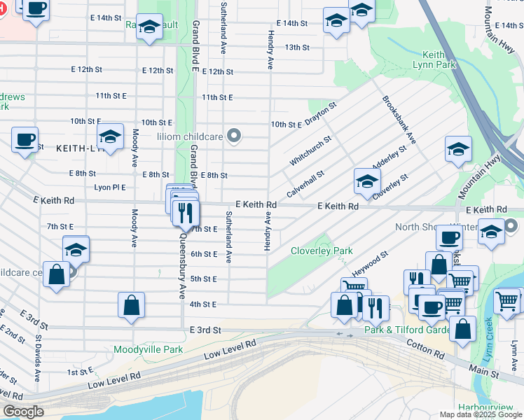 map of restaurants, bars, coffee shops, grocery stores, and more near 745 Keith Road East in North Vancouver