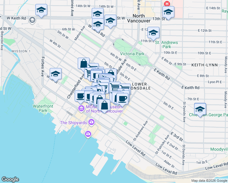 map of restaurants, bars, coffee shops, grocery stores, and more near 122 East 3rd Street in North Vancouver