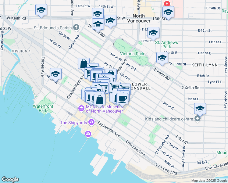map of restaurants, bars, coffee shops, grocery stores, and more near 122 East 3rd Street in North Vancouver