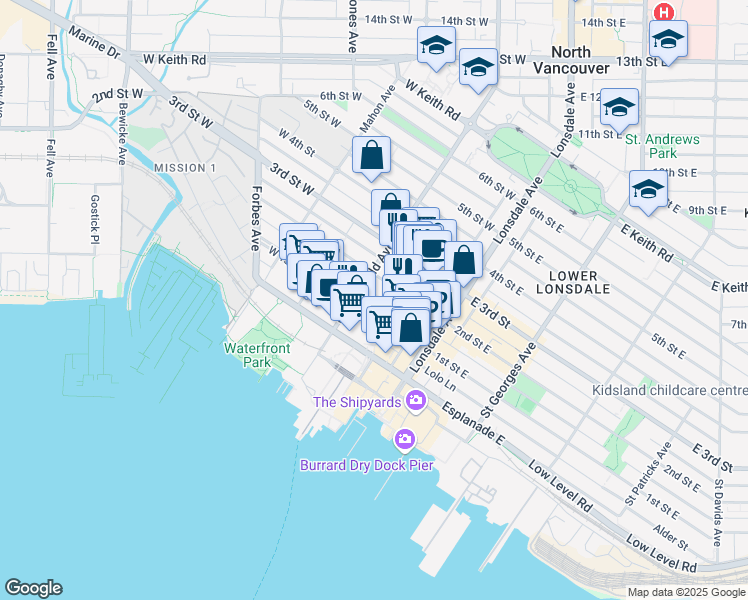 map of restaurants, bars, coffee shops, grocery stores, and more near 170 1st Street East in North Vancouver