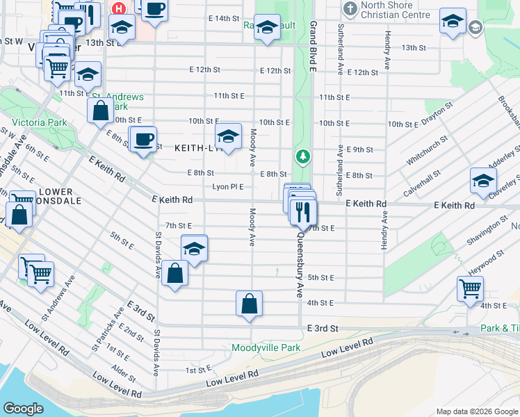 map of restaurants, bars, coffee shops, grocery stores, and more near 509 Keith Road East in North Vancouver