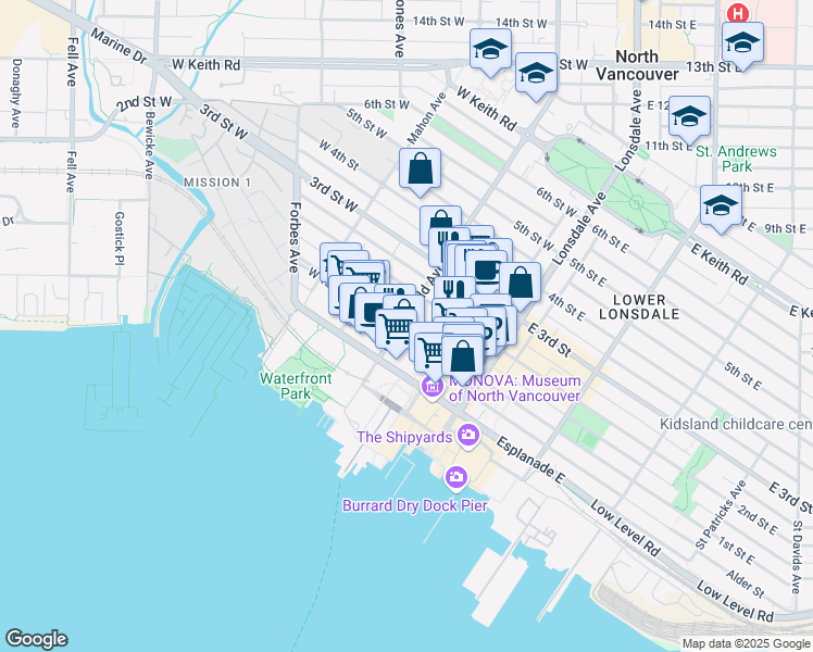 map of restaurants, bars, coffee shops, grocery stores, and more near 104 Chesterfield Avenue in North Vancouver