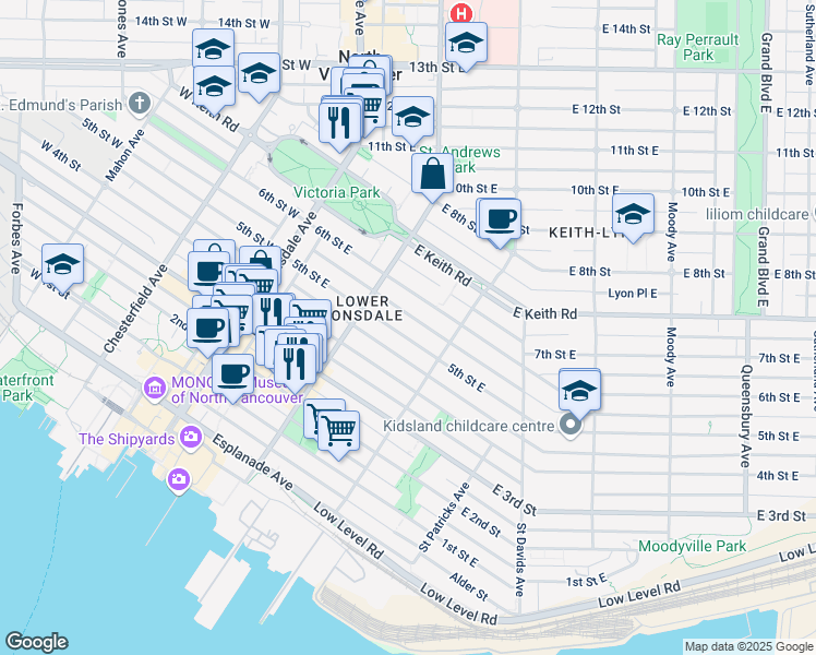 map of restaurants, bars, coffee shops, grocery stores, and more near in North Vancouver