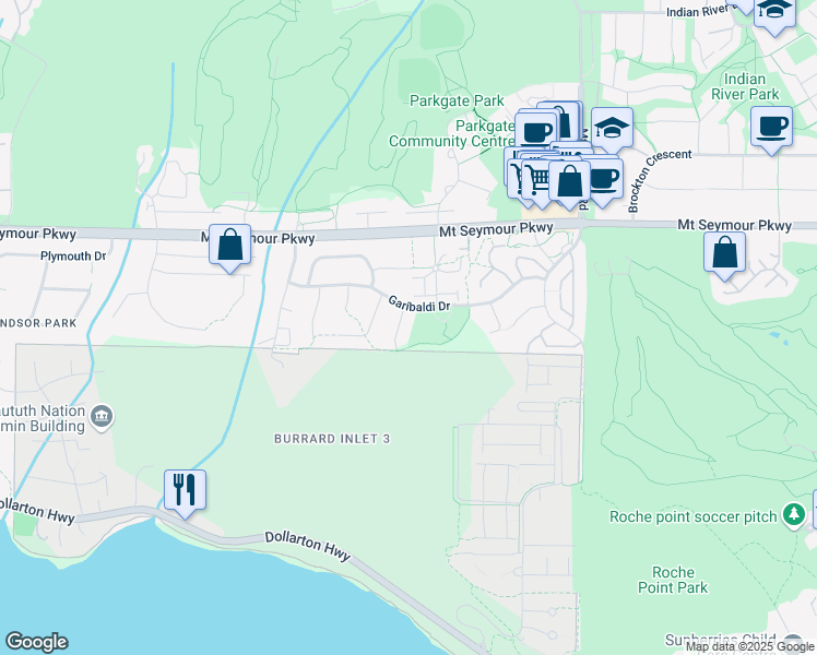 map of restaurants, bars, coffee shops, grocery stores, and more near 860 Ruckle Court in North Vancouver