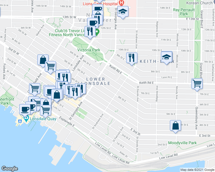 map of restaurants, bars, coffee shops, grocery stores, and more near in North Vancouver