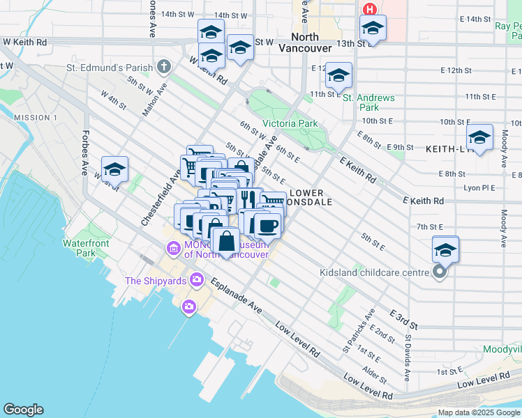 map of restaurants, bars, coffee shops, grocery stores, and more near in North Vancouver