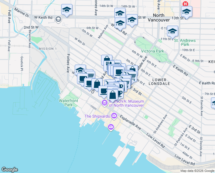 map of restaurants, bars, coffee shops, grocery stores, and more near 151 2nd Street West in North Vancouver