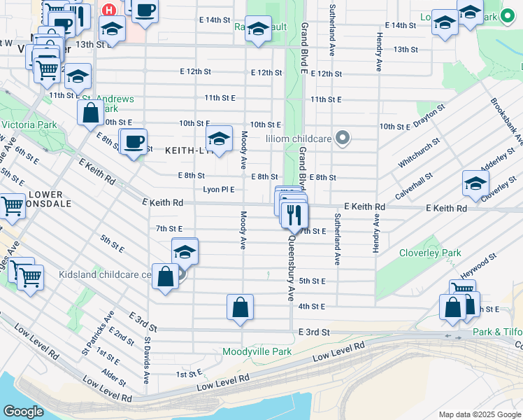 map of restaurants, bars, coffee shops, grocery stores, and more near 525 Keith Road East in North Vancouver