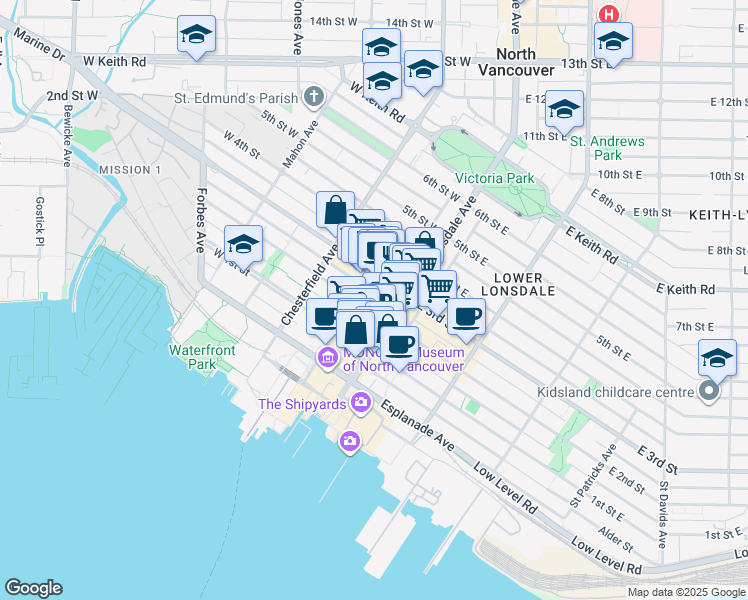 map of restaurants, bars, coffee shops, grocery stores, and more near 120 2nd Street West in North Vancouver