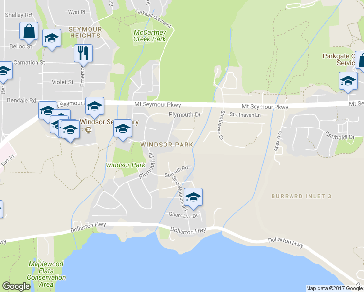 map of restaurants, bars, coffee shops, grocery stores, and more near 949 Hartford Place in North Vancouver