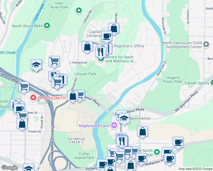 map of restaurants, bars, coffee shops, grocery stores, and more near 639 Seymour Court in North Vancouver