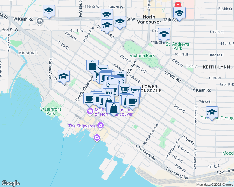 map of restaurants, bars, coffee shops, grocery stores, and more near 131 East 3rd Street in North Vancouver