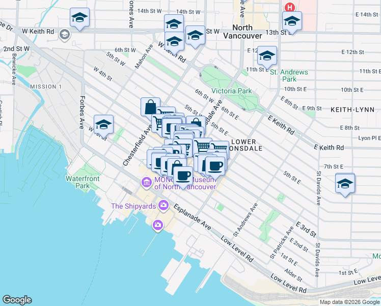 map of restaurants, bars, coffee shops, grocery stores, and more near 131 East 3rd Street in North Vancouver