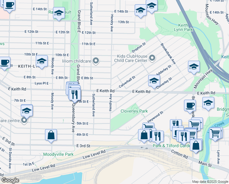 map of restaurants, bars, coffee shops, grocery stores, and more near 809 Keith Road in North Vancouver