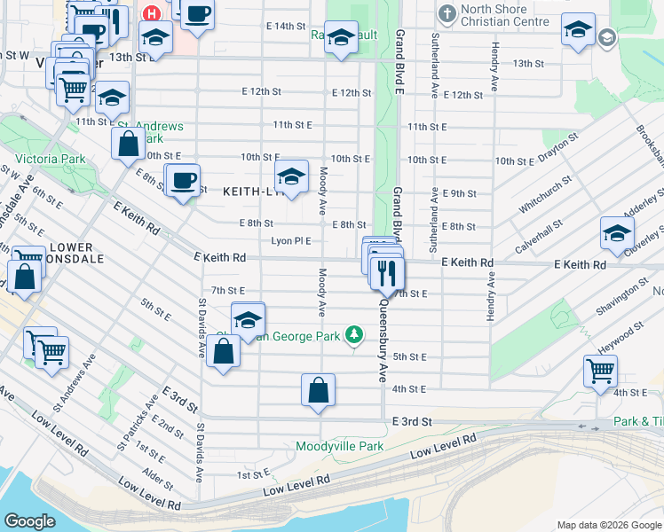 map of restaurants, bars, coffee shops, grocery stores, and more near 509 Keith Road East in North Vancouver