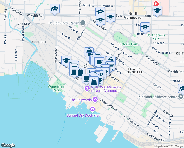 map of restaurants, bars, coffee shops, grocery stores, and more near 151 2nd Street West in North Vancouver