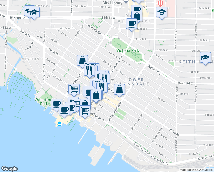 map of restaurants, bars, coffee shops, grocery stores, and more near 110 3rd Street East in North Vancouver