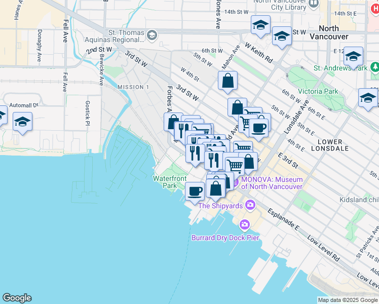 map of restaurants, bars, coffee shops, grocery stores, and more near 255 West 1st Street in North Vancouver