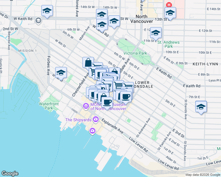 map of restaurants, bars, coffee shops, grocery stores, and more near 314 3rd Street East in North Vancouver