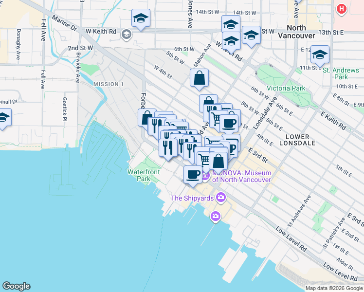 map of restaurants, bars, coffee shops, grocery stores, and more near 215 West 1st Street in North Vancouver