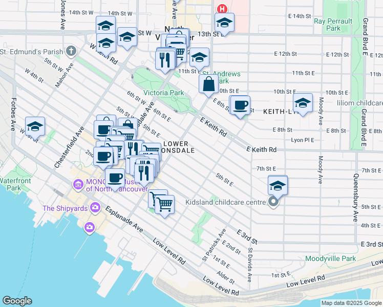 map of restaurants, bars, coffee shops, grocery stores, and more near 232 5th Street East in North Vancouver