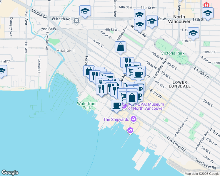 map of restaurants, bars, coffee shops, grocery stores, and more near 215 West 1st Street in North Vancouver